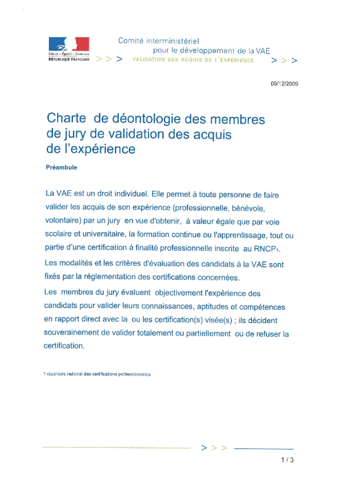 Charte de déontologie des membres de jury de VAE